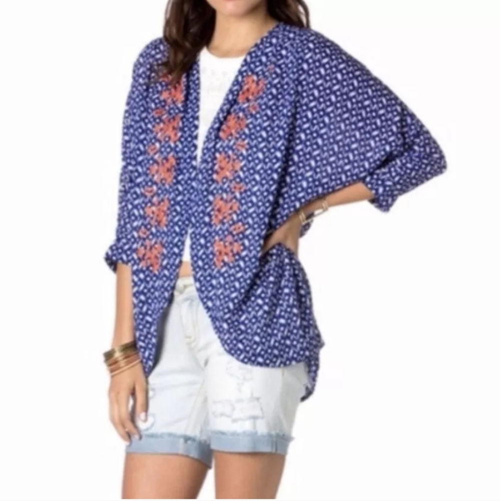 MISS ME Womens DESERT SKY Embroidered Kimono Open Front Ikat Aztec Blue Size M